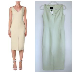 NWT Akris V-Neck Sleeveless Cotton Silk Blend Midi Sheath Dress in Primrose Sz 2